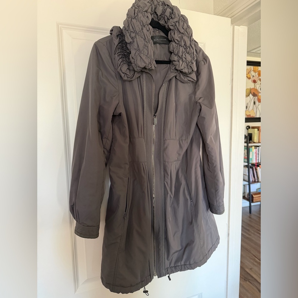 Elie Tahari Taupe Ruffled Collar Trench Coat